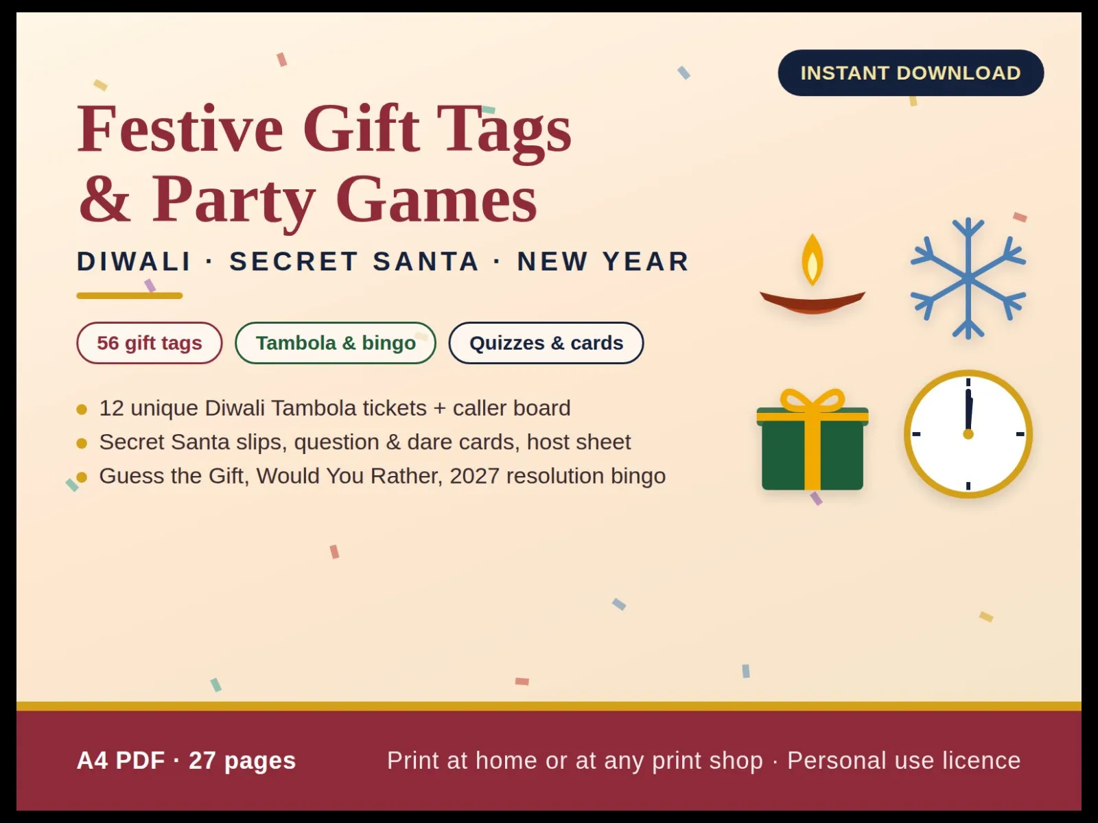 Festive Gift Tags & Party Games: Diwali, Secret Santa, New Year