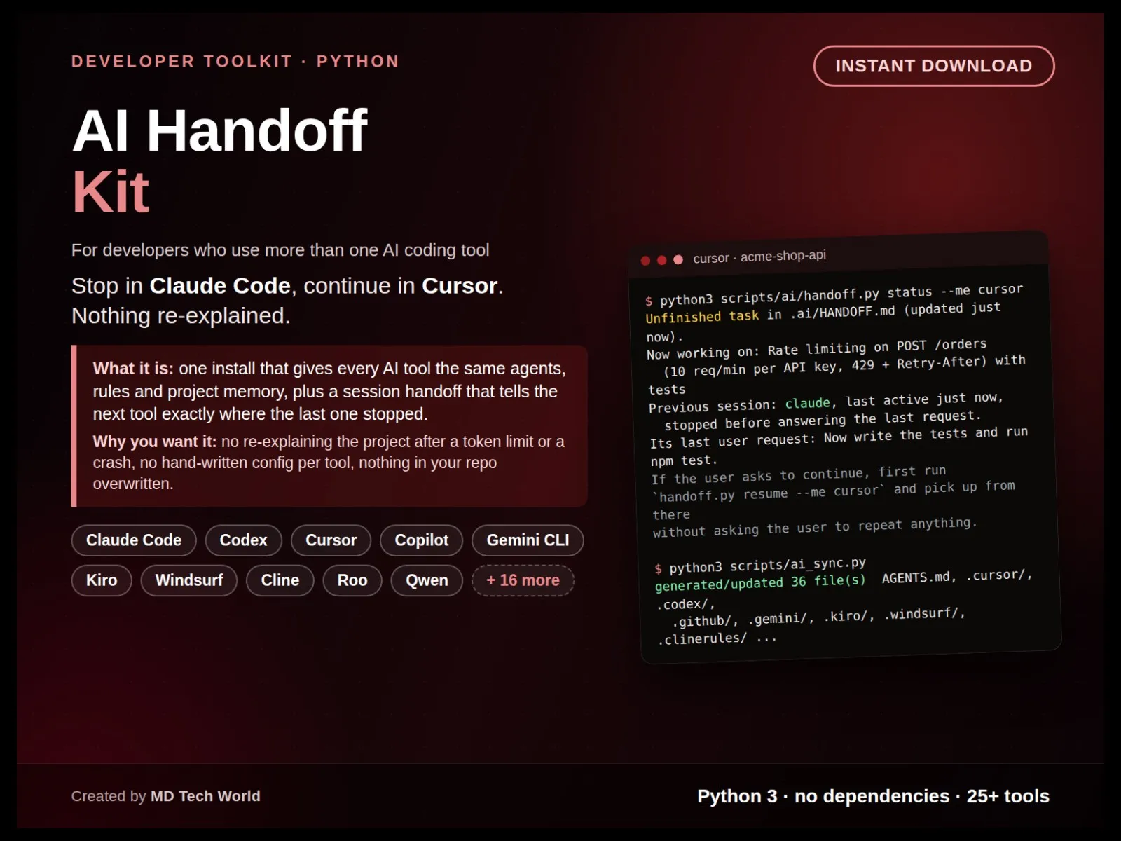 AI Handoff Kit: One Agent Setup for Every AI Coding Tool (Claude Code, Codex, Cursor, Copilot, Gemini, Kiro, Windsurf + 19 more)
