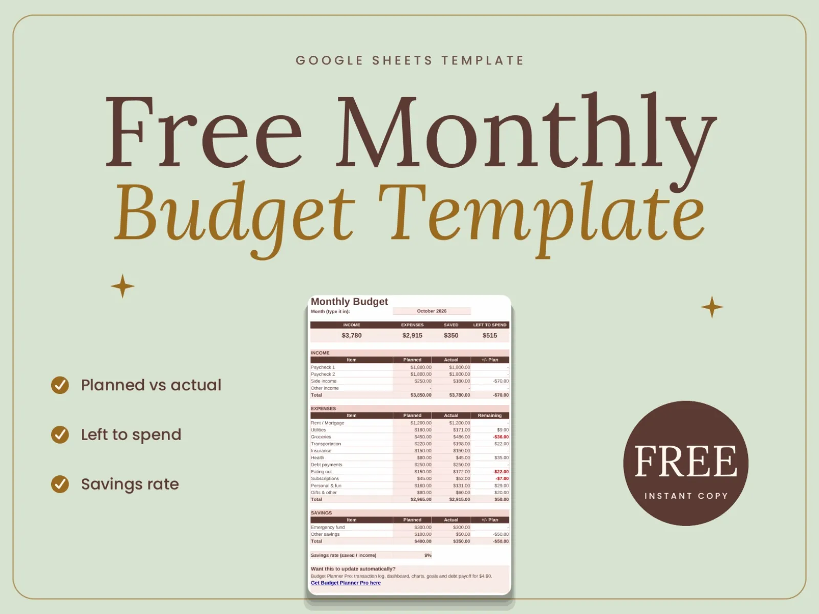 Simple Monthly Budget Template (Free) for Google Sheets