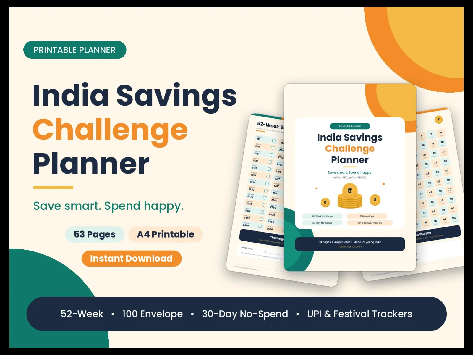 India Savings Challenge Planner | 53-Page Printable PDF | 52-Week, 100 Envelope, UPI & Festival Trackers