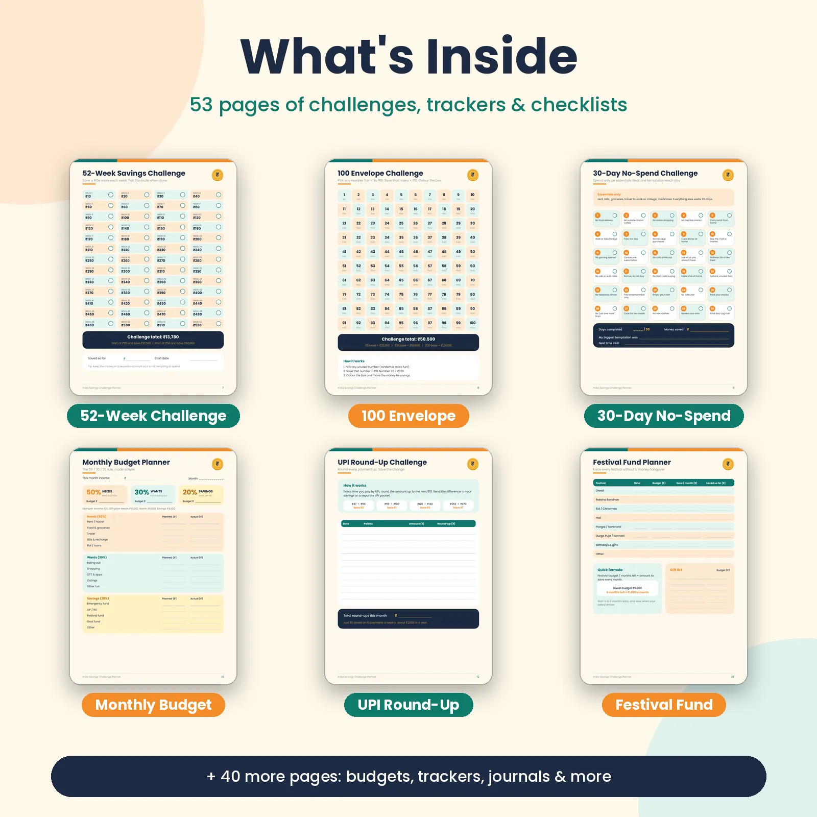 India Savings Challenge Planner | 53-Page Printable PDF | 52-Week, 100 Envelope, UPI & Festival Trackers - media 3