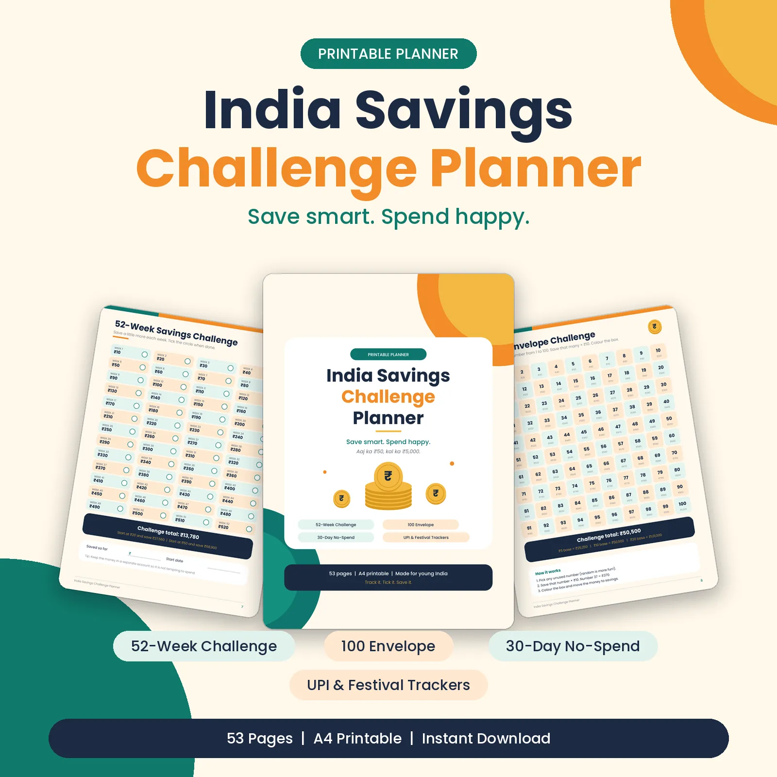 India Savings Challenge Planner | 53-Page Printable PDF | 52-Week, 100 Envelope, UPI & Festival Trackers - media 2